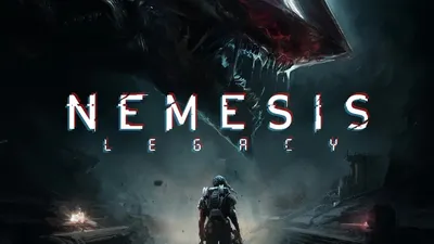 A futuristic, ruined cityscape with a large, menacing mechanical creature looming in the background. A lone, armored figure with a backpack and weapon stands in the foreground, facing the creature. The text "NEMESIS LEGACY" is prominently displayed in bold, glowing letters.