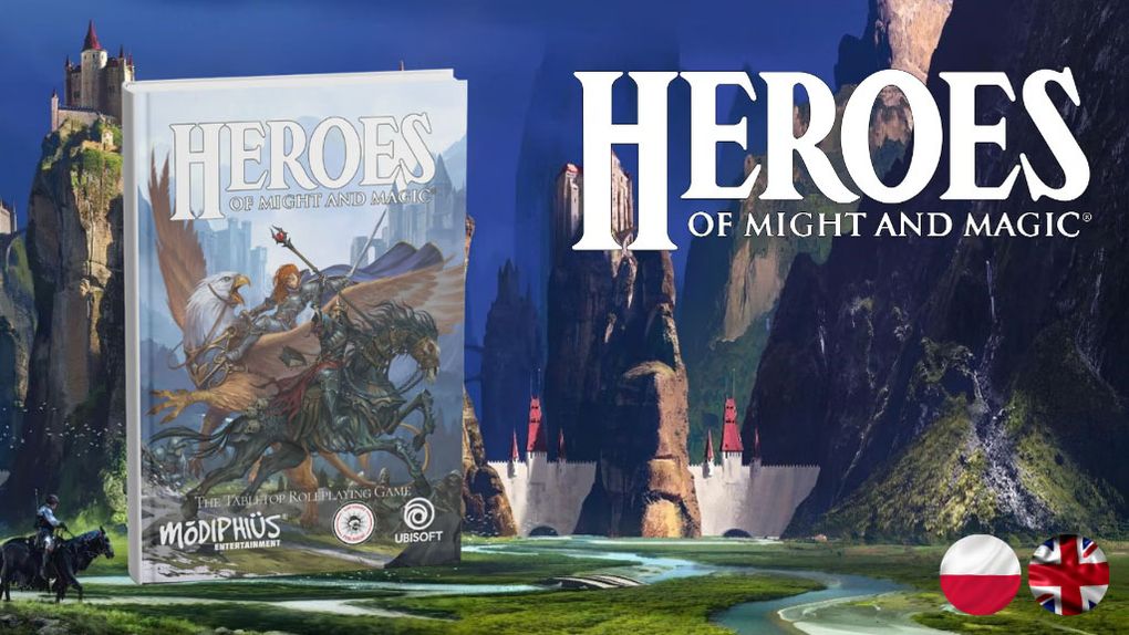 A book cover for "Heroes of Might and Magic" features a fantasy illustration of a knight on horseback, set against a dramatic landscape of towering cliffs and a castle in the background. The title "HEROES OF MIGHT AND MAGIC" is prominently displayed at the top, with the logos of Ubisoft and Modiphius at the bottom. Flags representing Poland and the United Kingdom are positioned in the lower right corner, indicating language options.