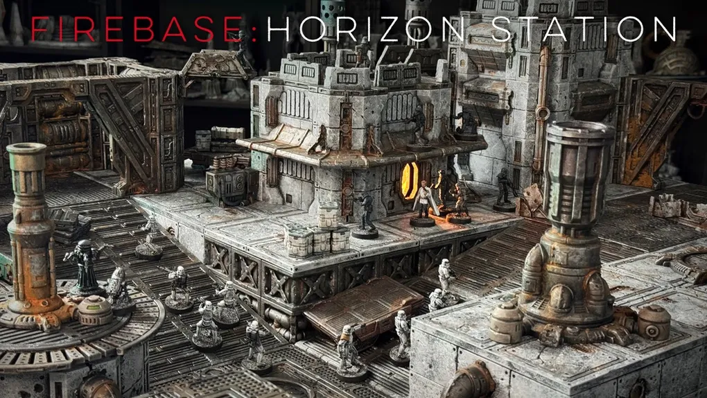 A detailed modular sci-fi terrain setup features various structures, including a large building with a glowing orange window and intricate textures, set against a backdrop of industrial elements. Several miniature figures are positioned throughout the scene, suggesting a skirmish or exploration scenario. The terrain is designed for tabletop gaming, showcasing a mix of crates, pipes, and machinery, all rendered in a weathered, metallic color palette.