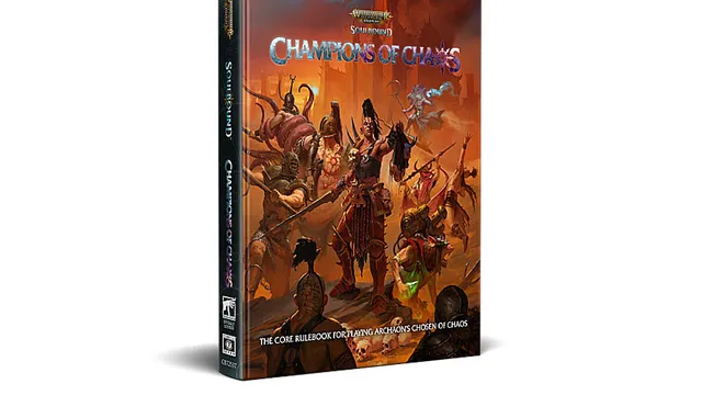 A 3D-rendered image of the "Champions of Chaos" rulebook, prominently displaying its cover art. The cover features a dynamic scene with various Chaos warriors, including a mix of armored figures and monstrous beings, set against a fiery, chaotic background. The title "Champions of Chaos" is boldly displayed at the top, with the subtitle indicating it is the core rulebook for playing Archons' Chosen of Chaos.
