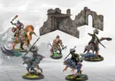 Stone ruins with wooden platform, six fantasy warriors on bases, some mounted on creatures.