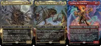 Three Magic: The Gathering cards are displayed side by side. On the left, "The Reaper, King No More" features a dark, twisted figure resembling a scarecrow, surrounded by gnarled branches and a haunting landscape. In the center, the card's text describes its abilities, including placing -1/-1 counters on creatures. On the right, "Ashling" showcases vibrant colors and swirling magical elements, with its own text detailing its legendary status and abilities. Each card has a distinct art style and color scheme, reflecting the themes of the Lorwyn Eclipsed expansion.