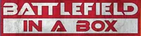 A bold graphic features the text "BATTLEFIELD IN A BOX" prominently displayed in large, stylized letters. The background is a textured red, contrasting with the white and silver elements of the text. The overall design conveys a strong, dynamic feel, suitable for a tabletop gaming context.