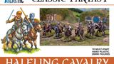 A vibrant illustration features a group of halfling cavalry figures, each mounted on horses and equipped with various weapons such as swords and lances. The left side displays a colorful, hand-drawn depiction of halfling knights, while the right side shows detailed painted models in a natural setting with grassy terrain and small buildings in the background. The text "CLASSIC FANTASY HALFLING CAVALRY" is prominently featured, along with specifications about the set.