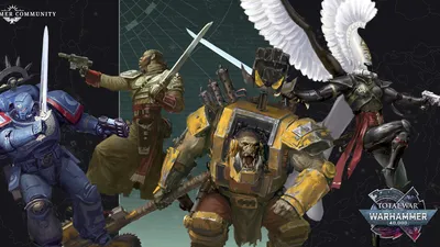 A dynamic illustration features four distinct characters from the Warhammer 40,000 universe. On the left, a Space Marine in blue armor holds a pistol, while a figure in a military uniform brandishes a sword in the center. To the right, an imposing Ork in yellow armor displays a fierce expression, and behind him, a character with a mechanical arm and a large weapon stands ready for battle. The background includes a stylized map, enhancing the sci-fi atmosphere of the scene.