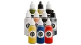 A collection of ten 18 ml dropper bottles of P3 paints, featuring a range of colors for tabletop gaming. The bottles include eight rich acrylics and two brilliant metallics, each labeled with the P3 logo. The colors visible include yellow, blue, red, and various shades in between, all designed for smooth application and blending.