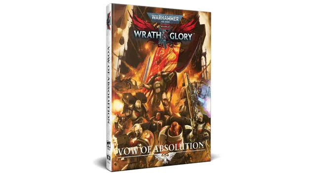 A physical edition of "Warhammer 40,000: Wrath & Glory, Vow of Absolution" is displayed, featuring a striking cover illustration. The artwork depicts Astartes warriors in battle, with one prominently wielding a sword and a banner, set against a fiery backdrop. The title "VOW OF ABSOLUTION" is clearly visible at the bottom, along with the "Wrath & Glory" logo at the top.
