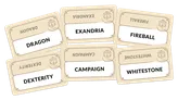 A collection of game cards from Codenames: Critical Role Adventures is displayed, featuring words relevant to the game. The cards include "DRAGON," "EXANDRIA," "CAMPAIGN," "DEXTERITY," and "WILDERNESS," all set against a light beige background with decorative borders. Each card prominently features a black font for easy readability, along with a small icon resembling a D20 die in the corner.