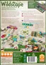 A board game box for Wildscape showing a wooden game board with animal tokens (elephant, rhino, honeybee, and others) and cards. Components include 305 cardboard tiles, 88 wooden pieces, 136 cards, and 34 custom wooden meeples.