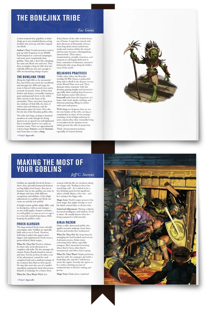 Top image: An open magazine spread. On the left page, two columns of text under the heading "THE BONEJINX TRIBE" and subheading "Gary’s Appendix". On the right page, a full-color illustration of a green-skinned humanoid figure with horns, wearing a belted tunic and carrying a staff, standing against a plain background.

Bottom image: An open magazine spread. On the left page, the heading "MAKING THE MOST OF YOUR GOBLINS" with the byline "Jeff C. Stevens". Below, two columns of text with subheadings "FROCK GLURGUR" and "GINJA RUZKIN". On the right page, a full-color illustration of a group of green-skinned humanoids in a dimly lit, stone-walled interior. One figure in the foreground holds a shield and sword, while others are engaged in various activities in the background.