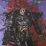 A heavily armored figure representing the Emperor's Children stands prominently, showcasing intricate details such as spikes, chains, and a skull-like face. The armor is predominantly black with metallic accents, and the character holds a weapon adorned with various symbols. The background features a surreal, purple and red organic texture, enhancing the chaotic and hedonistic theme of the design.
