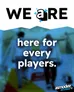 Blurred background shows three people seated at a table with board game pieces. Overlay text reads: "here for every players." Logo at bottom right reads "asmodee access+" in white.