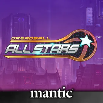 The image features the logo for "Dreadball All Stars," prominently displayed against a futuristic cityscape with tall, sleek buildings and a purple sky. The logo includes the words "DREADBALL" in bold yellow and "ALL STARS" in silver, with a stylized star and a dynamic design element suggesting movement. The Mantic logo is positioned at the bottom, indicating the publisher's branding.