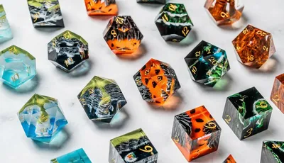 A collection of luxury polyhedral dice in various colors and designs, inspired by famous landmarks. The dice feature intricate patterns resembling geological formations, with colors ranging from vibrant oranges and greens to cool blues and blacks. Each set includes a mix of shapes, such as d4, d6, d8, d10, d%, d12, and d20, all displayed on a light surface.