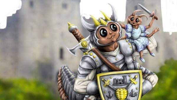 A whimsical illustration features a large, anthropomorphic creature resembling a knight, complete with armor and a crown, holding a shield adorned with a castle emblem. Perched on its shoulder is a smaller creature dressed in blue, while a tiny dragon-like figure stands beside them, also in armor. The background showcases a blurred castle and green grass, creating a playful and fantastical atmosphere.