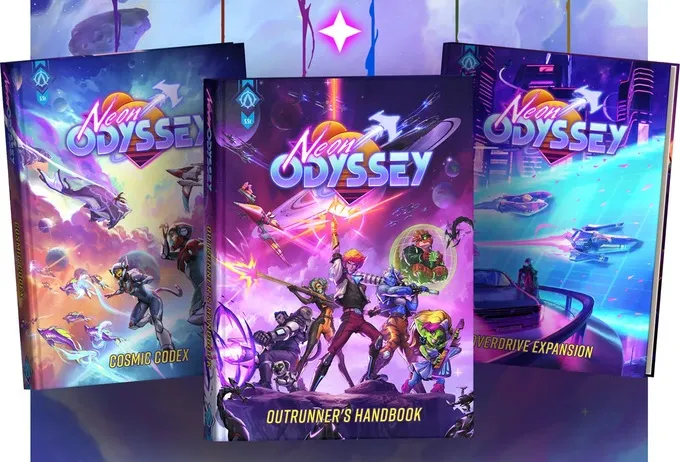 Three vibrant books titled "Neon Odyssey," "Cosmic Codex," and "Overdrive Expansion" are prominently displayed, showcasing colorful artwork that reflects a sci-fi theme. The covers feature a diverse group of characters, including a humanoid figure with a futuristic weapon, a robotic character, and others in dynamic poses, set against a cosmic backdrop filled with stars and spaceships. The title "Neon Odyssey" is prominently featured at the top of each book, emphasizing the game's space opera theme.