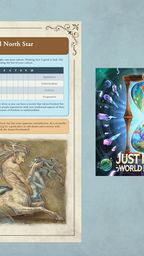 A colorful book cover titled "Worldbuilding Blueprints: Volume I" features intricate artwork of a mythical creature and vibrant designs. Next to it, pages from the book display sections titled "Your Culture" and "Natural North Star," with text and charts for worldbuilding exercises. In the corner, a graphic for "Just in Time - World Building" showcases an hourglass surrounded by planets and colorful elements, emphasizing the theme of creativity and time in worldbuilding.