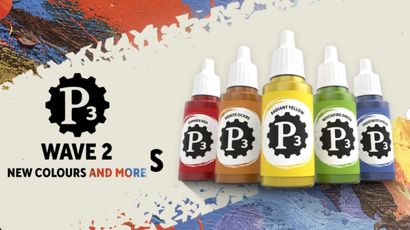 Four bottles of P3 paint are displayed against a colorful, textured background. The bottles include "Gunner Red," "Menite Ochre," "Radiant Yellow," and "Witchfire Green," each featuring a black gear logo with "P3" prominently displayed. The background features splashes of blue, red, and white paint, adding a vibrant artistic flair to the scene.
