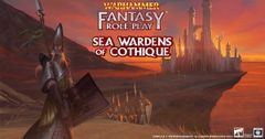 A dark, atmospheric illustration features a High Elf figure in armor, holding a shield, set against a dramatic landscape with a distant castle and mountains under a sunset sky. The title "WARHAMMER FANTASY ROLE-PLAY" is displayed at the top, with "SEA WARDENS OF COTHIQUE" prominently featured below in bold, stylized text. The overall color palette includes deep reds and purples, enhancing the mystical and adventurous theme of the High Elf kingdom.