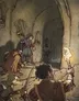 Four adventurers in a stone chamber, one holding a torch, another a skull-topped staff.