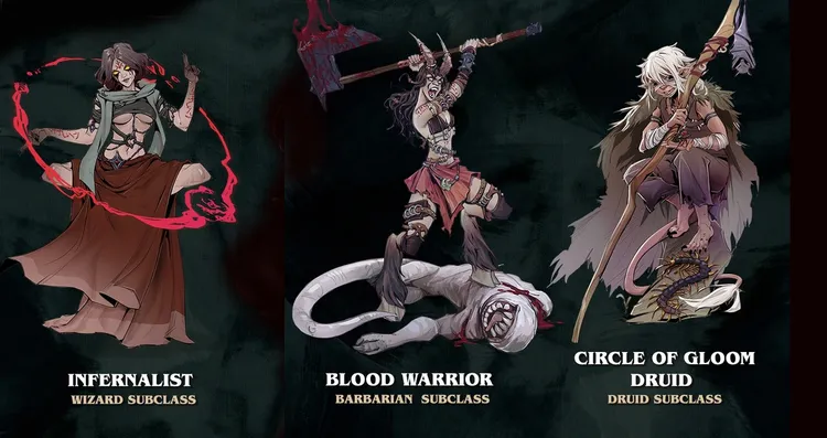 Three fantasy character illustrations are displayed side by side. On the left, an Infernalist wizard with long hair and a tattered robe, surrounded by swirling red magic. In the center, a fierce Blood Warrior barbarian wielding a large axe, dressed in tribal attire, stands over a defeated creature. On the right, a Circler character with wild hair and a menacing expression, holding a weapon, is depicted alongside a monstrous figure. Each character is labeled with their respective subclass titles.