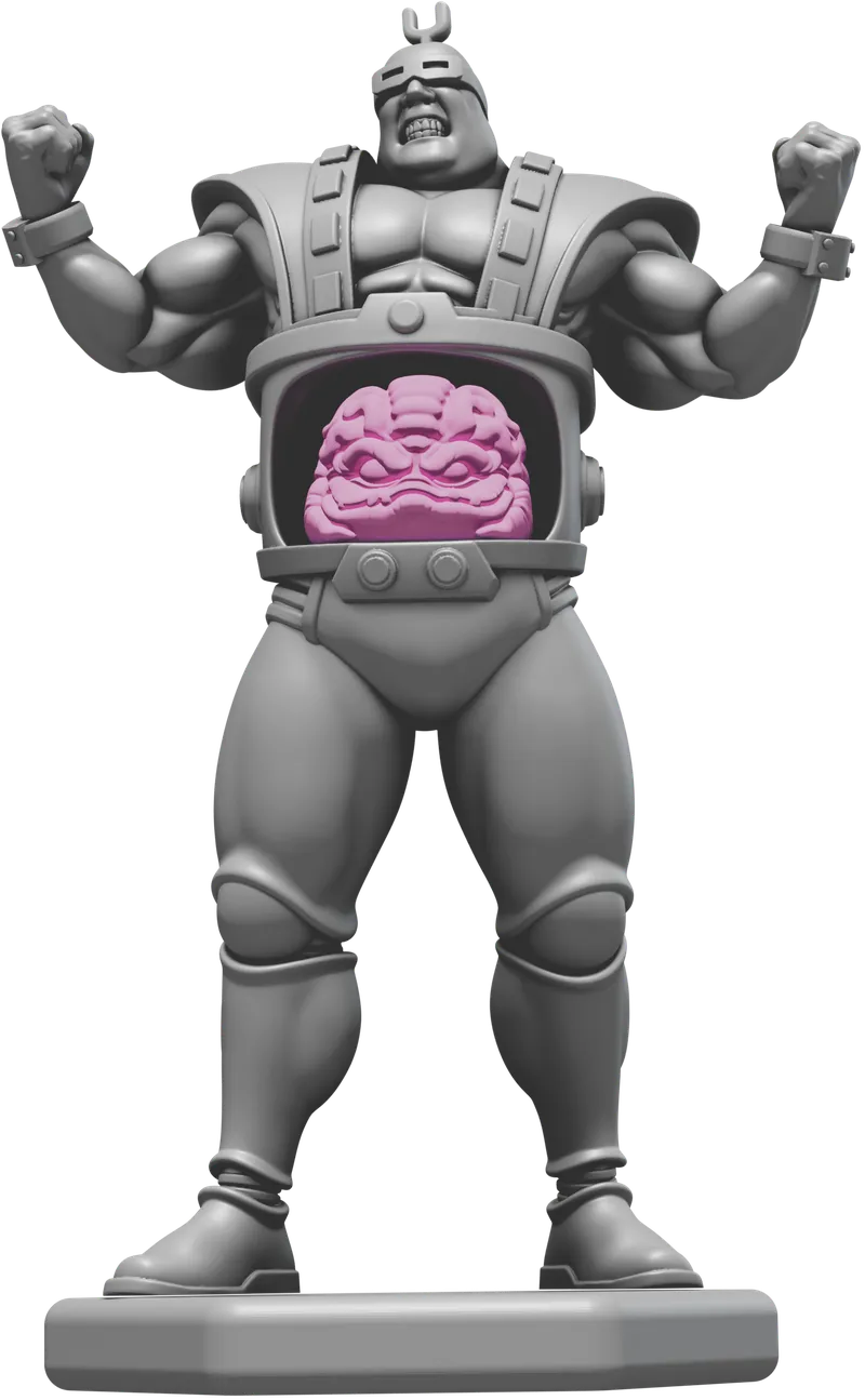 A gray, unpainted miniature figure of a muscular character with a fierce expression, wearing a harness-like outfit, is prominently displayed. The character has a large, pink brain-like creature visible in a transparent compartment on its chest, adding a whimsical touch. The figure is posed with raised arms, exuding a sense of strength and readiness for action.
