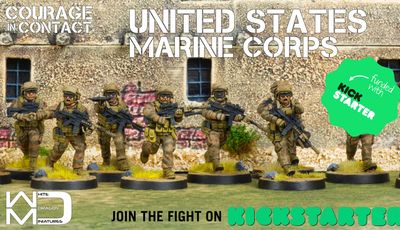 A group of five U.S. Marine miniatures is depicted, each in tactical gear and holding weapons, set against a backdrop of a weathered building with visible stone walls and a window. The miniatures are painted in a camouflage pattern, and they stand on circular bases with tufts of grass around them. The text "COURAGE IN CONTACT" and "UNITED STATES MARINE CORPS" is prominently displayed, along with a call to action to "JOIN THE FIGHT ON KICKSTARTER."