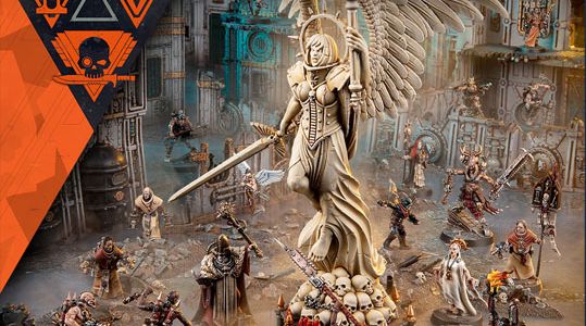 The image features a striking centerpiece statue of a winged figure, wielding a sword and adorned in ornate armor, surrounded by various miniatures representing the new Kill Team expansion. In the foreground, a group of ecclesiarchal militiamen, known as Sanctifiers, can be seen, including a Confessor and a small cherub, while in the background, the ferocious Goremongers, led by a Blood Herald, are positioned menacingly. The setting is richly detailed, with a backdrop of industrial ruins, enhancing the dramatic atmosphere of the scene.