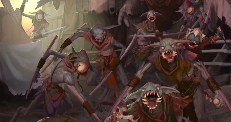 A group of grotesque, humanoid creatures known as Dregs from the Urmeck faction is depicted, showcasing their menacing features. They have pale, grayish skin, sharp teeth, and large ears, dressed in tattered, earthy-toned clothing that suggests a savage lifestyle. The Dregs are armed with makeshift weapons and are positioned in a chaotic, aggressive stance, emphasizing their role as overwhelming foot soldiers in the Maladum tabletop game.