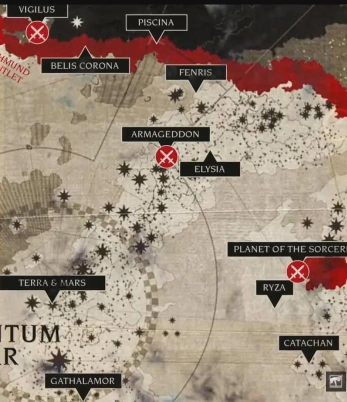 A detailed map of the Warhammer 40,000 universe, highlighting key locations such as Armageddon, Elysia, and Catachan, among others. The map features a mix of dark and light colors, with a prominent red area indicating conflict zones. Various stars and symbols mark significant points, while labels identify the locations, providing a sense of the expansive and tumultuous setting of the Warhammer 40,000 lore.