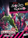 A chaotic scene featuring numerous figures in pink hooded jumpsuits and black masks, some holding weapons, in a colorful, multi-level setting with stairs and platforms. A central figure in a black hooded robe and mask stands prominently. The background includes text: "NETFLIX SQUID GAME Coming in 2026 THE GAME WILL NOT STOP". In the foreground, the text "ZOMBICIDE 2nd EDITION ZOMBICIDE.COM" and the logo "asmodee" are visible.