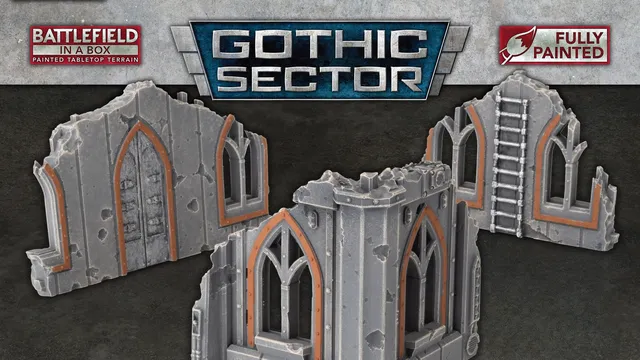 Two pieces of Gothic Sector terrain are displayed, featuring ruined structures with a weathered stone appearance. Each piece has arched windows and doors, accented with orange detailing, showcasing a mix of gray tones and visible wear. The terrain is designed for 28-35mm scale tabletop games, emphasizing its pre-painted, ready-to-use quality.