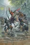 A mounted warrior in orange and red armor raises a sword while riding a white horse, charging through a shallow, rocky river. Surrounding him are armored soldiers, some on horseback and others on foot, engaged in combat with humanoid creatures wearing dark, tattered clothing and wielding spears and swords. In the background, a waterfall cascades, and additional soldiers and banners are visible among trees. The scene depicts a chaotic battle in a forested, rocky setting.