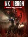 Alt-text:
Cover art for a tabletop RPG titled "INK RIBBON." At the top, white distressed-style text reads "INK RIBBON" in large letters, with a red banner below stating "A SURVIVAL HORROR TABLETOP RPG." In the foreground, two characters stand back-to-back in a dimly lit, ruined urban setting. The character on the left, wearing a dark jacket and fingerless gloves, holds a handgun aimed outward. The character on the right, dressed in a red shirt and dark pants, grips a fire axe. Behind them, three decayed, zombie-like creatures with exposed flesh and bones lunge forward. The background shows crumbling brick walls and faint light sources.
