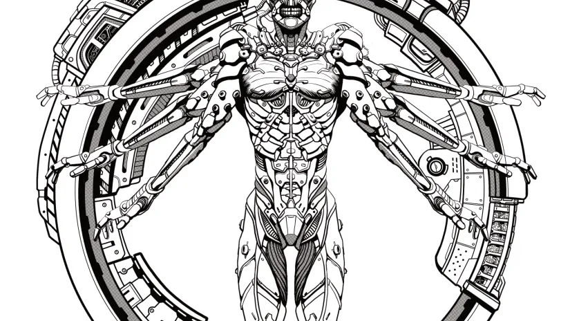 A detailed black-and-white line drawing of a humanoid figure with a skeletal, cybernetic appearance. The figure stands front-facing within a circular frame resembling a mechanical or technological structure. Its body combines organic bone and muscle with mechanical components: exposed ribs, spine, and limbs are interwoven with pipes, gears, and robotic joints. The head is skull-like with hollow eye sockets and a gaping mouth. The arms extend outward, ending in clawed hands, while the legs are positioned apart, anchored to the circular base by mechanical supports. At the bottom of the image, inside a black rectangular box, white text reads: "FOR USE WITH THE MOTHERSHIP 1E".