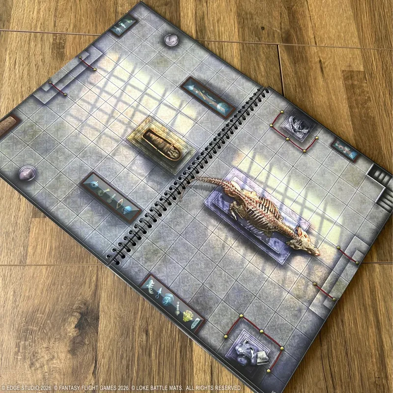 Tiled floor map with dinosaur skeleton, sarcophagus, and display cases.