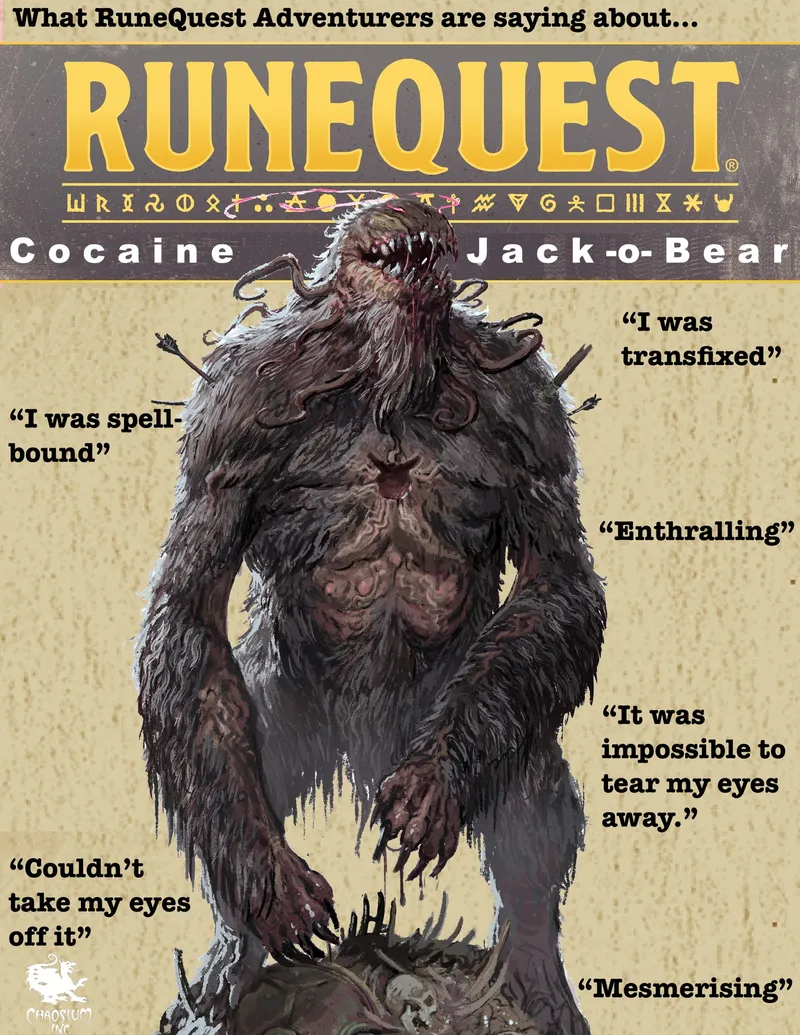 A humorous illustration features a large, monstrous bear-like creature, titled "Cocaine Jack-o-Bear," with a shaggy fur coat and a menacing expression. The creature stands prominently in the center, surrounded by quotes from fictional characters expressing their astonishment, such as "I was spell-bound" and "It was impossible to tear my eyes away." The background includes a textured beige surface, and the title "RuneQuest" is displayed at the top in bold yellow letters, emphasizing the parody nature of the announcement.