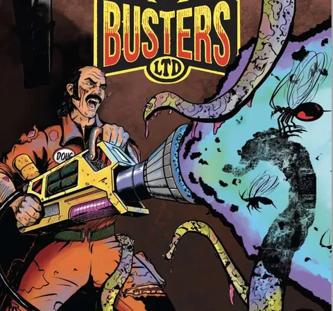 Man in orange jumpsuit firing a large gun at giant insects, "BUG BUSTERS LTD" sign above.