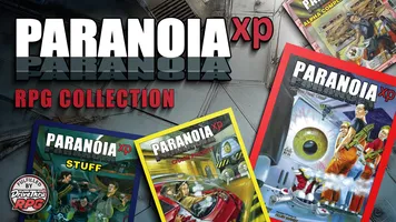 A collection of tabletop roleplaying game PDFs from Mongoose Publishing's ParanoiaXP is displayed, featuring several book covers prominently. The covers include "Paranoia XP," "Alpha Complex," and "Crash Priority," each showcasing vibrant artwork that reflects the game's dark humor and futuristic themes. The background features a metallic surface, enhancing the sci-fi aesthetic of the scene.