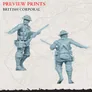 A detailed miniature of a British corporal from the 1918 wargame is shown, depicted in a dynamic pose with a rifle in hand. The figure is rendered in a light blue color, showcasing intricate details such as the corporal's uniform, equipment, and facial features. The background features a faded map, adding historical context to the scene, while the text "PREVIEW PRINTS" and "BRITISH CORPORAL" is prominently displayed at the top.