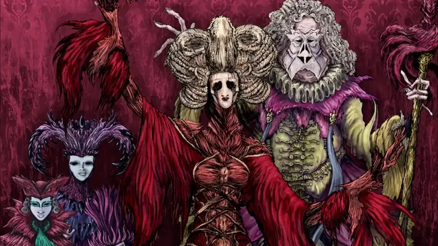 Five stylized figures in elaborate, gothic attire pose against a dark red background. Two circular portraits show a man in a top hat and another in a dark coat. Central text reads: "Malamorte’s Oddities Collection: Red Death Party."