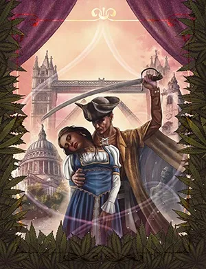 A man in a brown coat and tricorn hat holds a raised sword in his right hand. He stands behind a woman in a blue dress with white sleeves, who leans her head against his chest with her eyes closed. Behind them, a translucent dome with a building and trees inside floats in the air. In the background, Tower Bridge and St. Paul's Cathedral are visible under a pinkish sky. The scene is framed by green foliage.