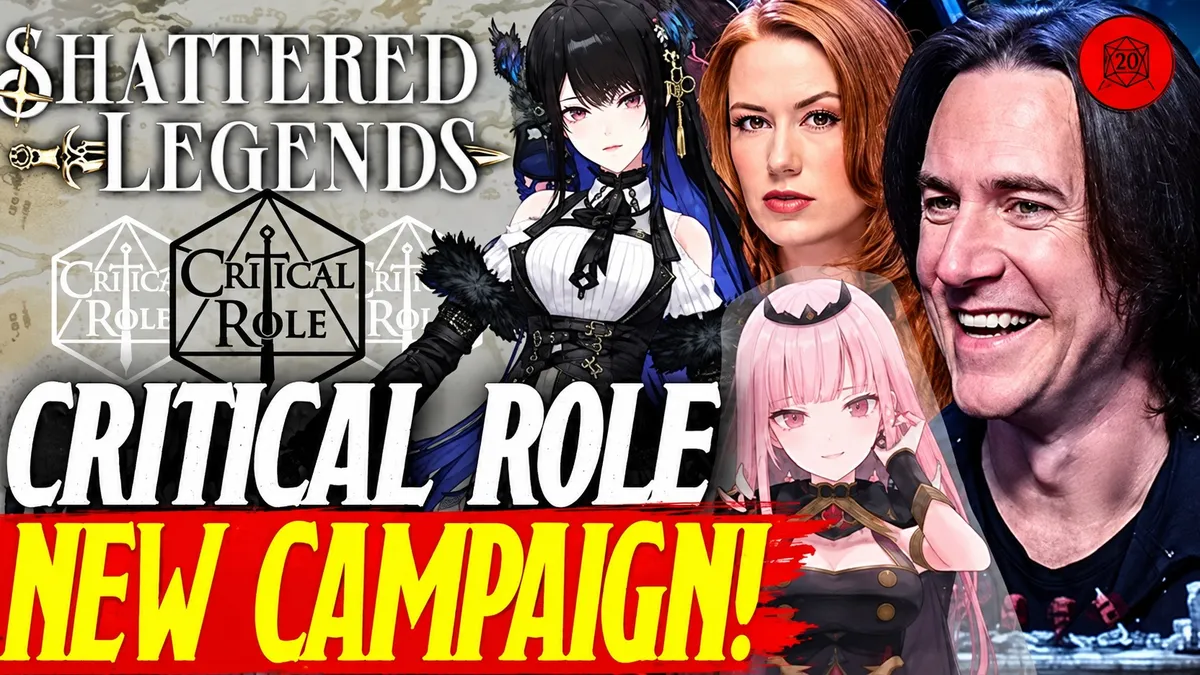 Four animated characters: a dark-haired female warrior, a blonde female with a crown, a pink-haired female with a sword, and a male with long hair. A man with long hair and a black shirt smiling. Bold text reads "ROLEPLAYIN!" with a red slash through "PLAY." Red circle with "20" in white.