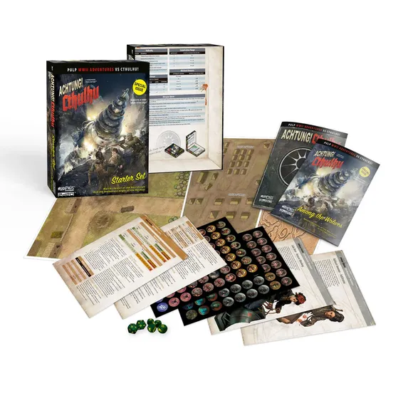 The box contents show the box, maps, tokens, reference sheets, rule and adventure book and a set of dice