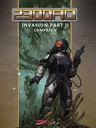 A futuristic cover illustration for "2300AD: Invasion Part II" features a humanoid figure in a high-tech spacesuit, complete with a helmet and orange-tinted visor, standing in a dense, alien environment filled with green foliage. The character is holding a weapon and appears to be surveying the surroundings, suggesting a sense of tension or readiness. The title "2300AD" is prominently displayed at the top, with "INVASION PART II" and "CAMPAIGN" below it, set against a contrasting background that enhances the sci-fi theme.