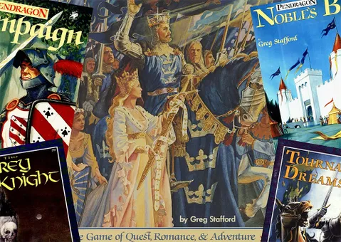 A vibrant illustration features a regal scene with King Arthur, adorned in a crown and royal attire, leading a procession of knights and nobles. Prominently displayed are the covers of various Pendragon books, including "Noble's Book" and "Tournament of Dreams," showcasing rich artwork that reflects the Arthurian theme. The background depicts a castle and banners, enhancing the atmosphere of quest and adventure.