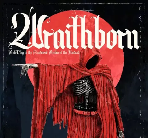 A skeletal figure in a long, tattered red hooded cloak stands against a dark background. The figure holds a sword in its right hand and a skeletal hand in its left. A red crescent moon appears behind the figure. Text at the bottom reads "Theatre Macabre" on the left and "Mörk Borg" on the right.