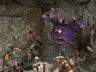 A collection of fantasy miniatures features several lizardmen, one wielding a shield and weapon, and another with a torch, set against a rocky backdrop. In the background, a large, purple creature with multiple eyes and a menacing expression looms, adding to the scene's fantastical atmosphere. A female character in dark robes stands nearby, while other figures in armor are partially visible, enhancing the sense of adventure.