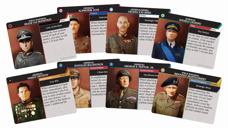A collection of character cards from Axis & Allies: Commanders features prominent WWII leaders, each depicted in military attire. The cards display portraits of figures such as Field Marshal Erich von Manstein, General Alphonse Juin, and Admiral Angelo Iachino, alongside their unique abilities and national affiliations. The design includes a mix of colors, with red and blue accents highlighting the text and borders, providing a visually engaging layout for players.