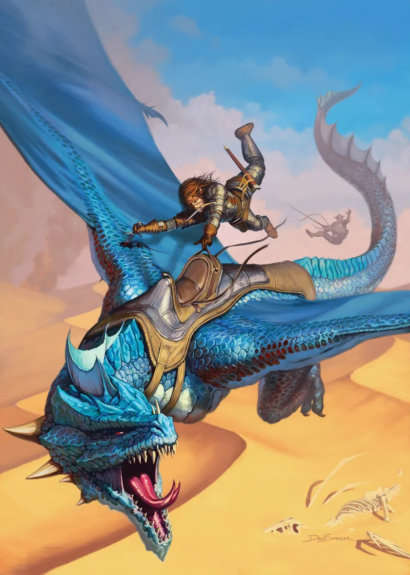 A warrior in armor rides a blue dragon over a desert, another dragon in the background.